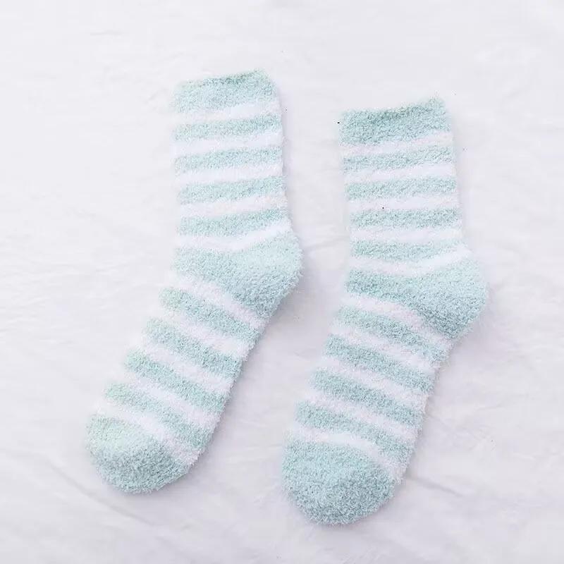 1 Pair Women's Autumn and Winter Striped Coral Fleece Sleep Socks Thickened Warm Mid-Calf Home Socks Simple Floor Socks