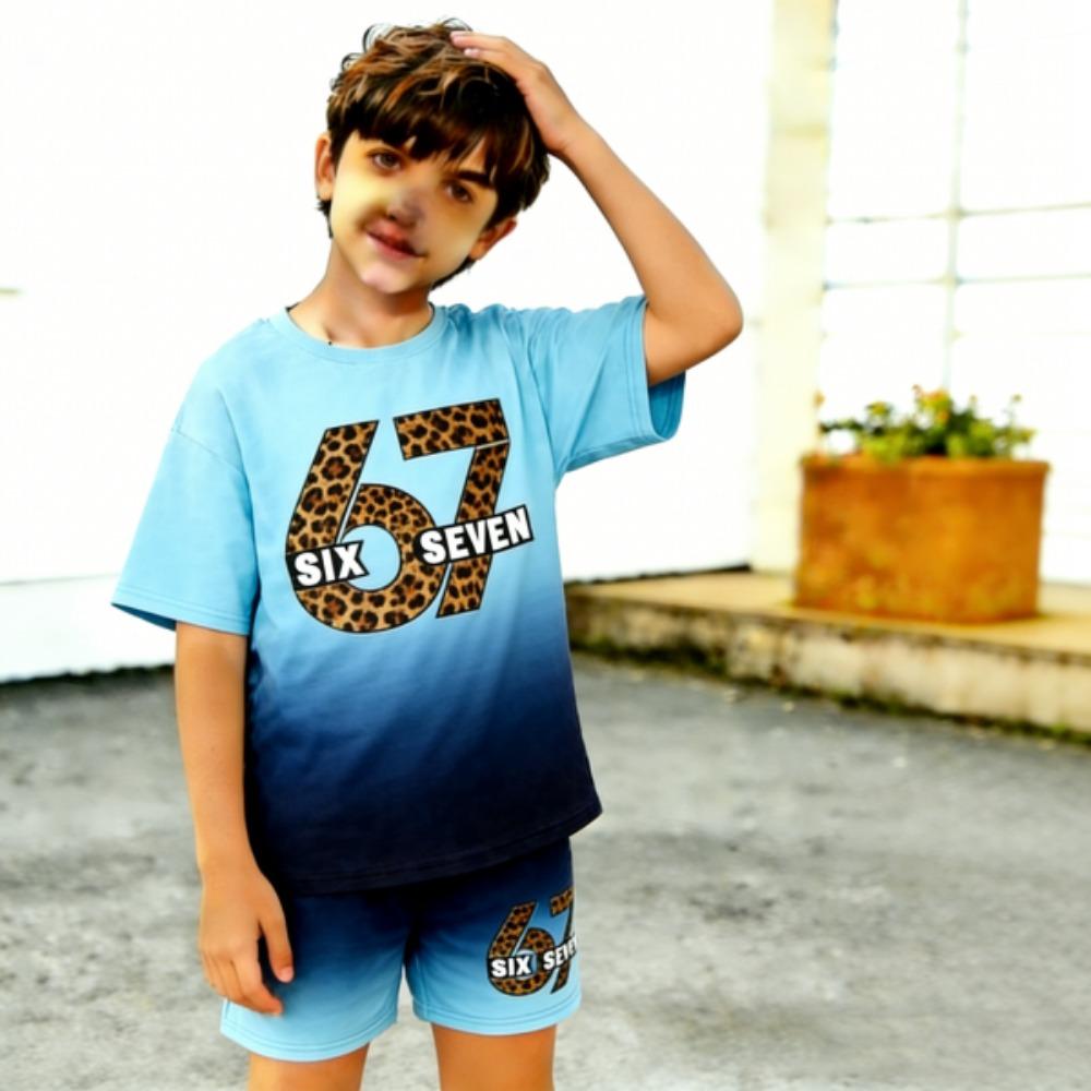 Leopard Gradient 67 Printed Kids T-shirt and Shorts 2 Piece Set Summer Casual Outfit for Boy's and Girl's Kids Clothing Top
