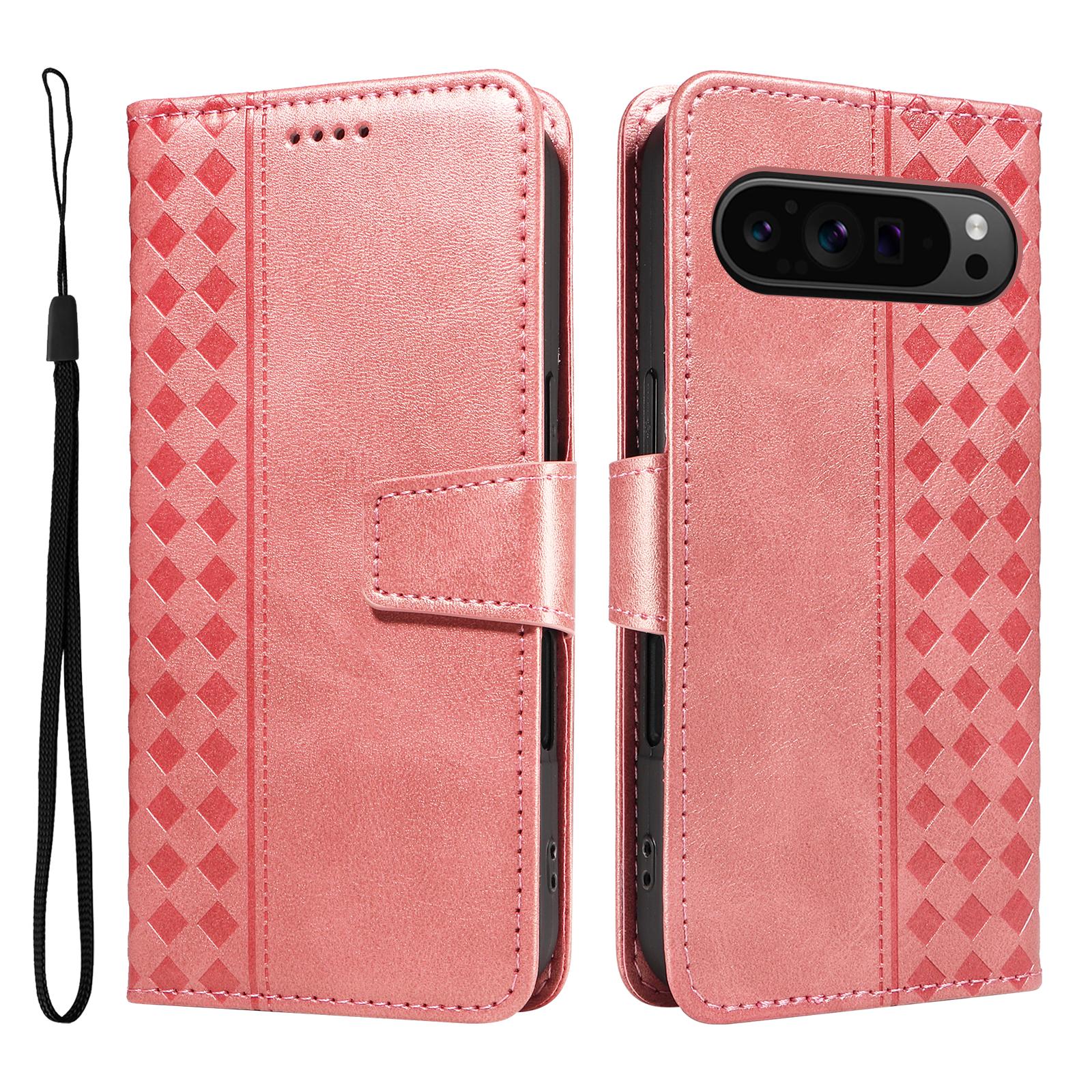 

For Google Pixel 10/Google Pixel 9/Google Pixel 9 Pro/Google Pixel 10 Pro Leather Case Wallet Stand Grids Imprinted Phone Cover with Strap Rose Gold