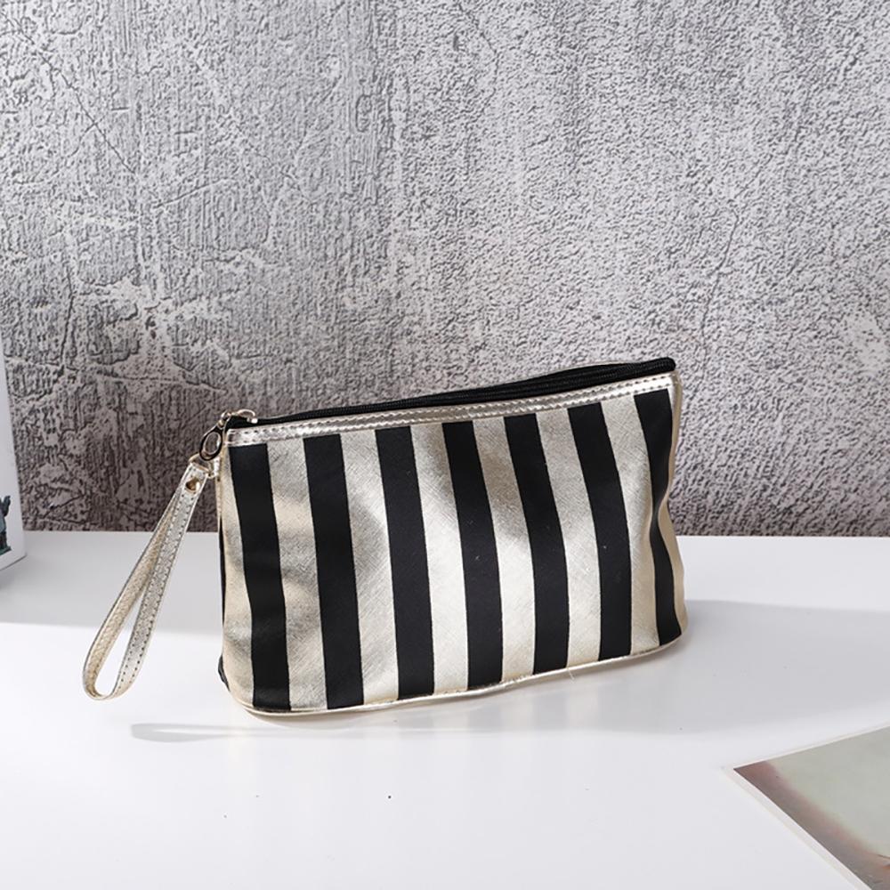 Portable Striped Makeup Bag Small Size Gold Edge Handbag Mini Soft Travel Outdoor Cosmetic Storage Bags Women's Bag