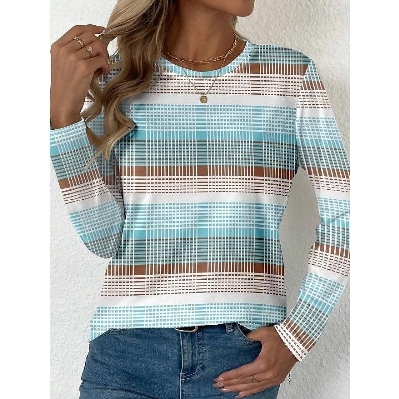 T-shirt da donna a maniche lunghe con scollo rotondo, tunica a maniche lunghe, top regular casual moderno con stampa geometrica