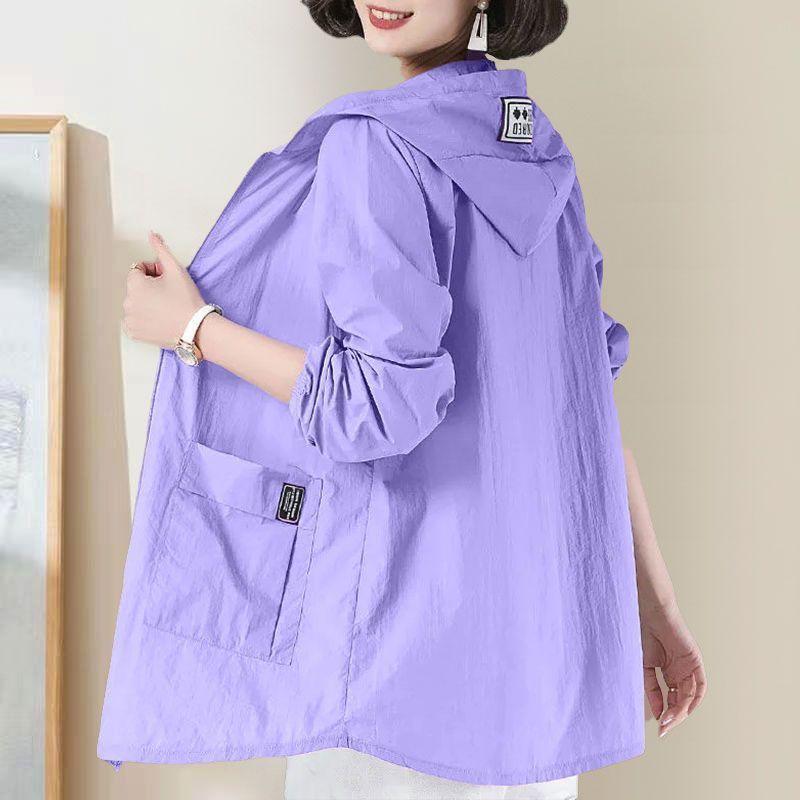 Camisa feminina de manga comprida com capuz e zíper, seção fina de sete cores, tamanho grande, primavera e verão