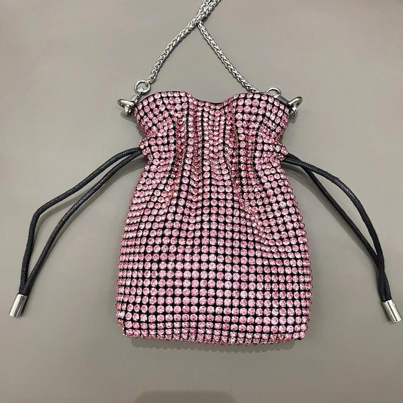 Sparkling Rhinestone Drawstring Mini Square Handbag Women PU Leather Crossbody Bag With Magnetic