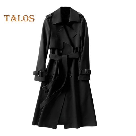 Fall Winter Women Jacket Double-breasted Buttons Solid Color Turn-down Collar with Belt Mid Length Windproof Outdoor Overcoat