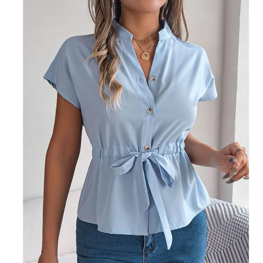 Women's Loose Casual Solid Color Button Drawstring Short Sleeved Shirt Top Short Sleeved Shirt Top