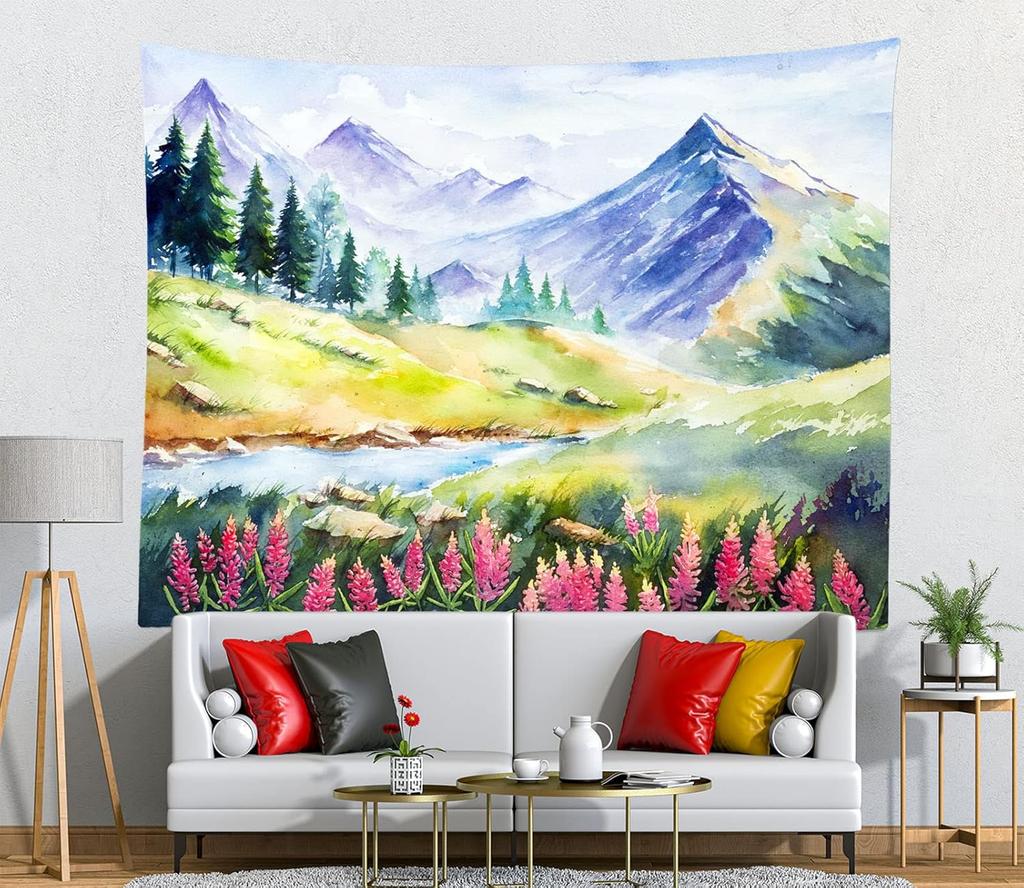Loccor Mountain Watercolor Tapestry Spring Scenery Wall Tapestry Mountain Lake Forest Tapestries Nature Wall Art for Home Office
