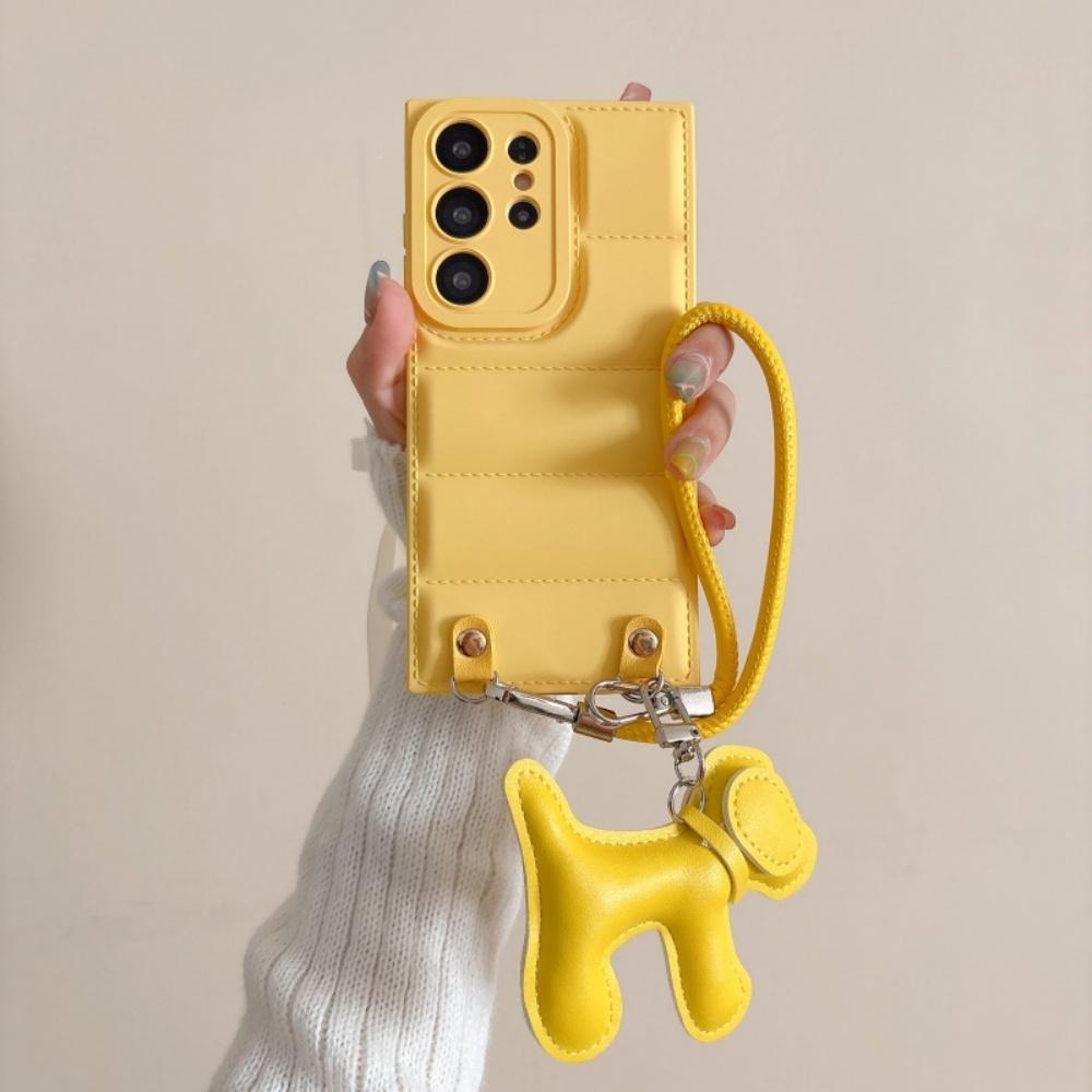 Leather Cartoon Dog Wrist Strap Phone Case for Samsung Galaxy S26 Ultra S25 S24 Plus S23 FE S22 A17 A07 Down Jacket Soft Cover