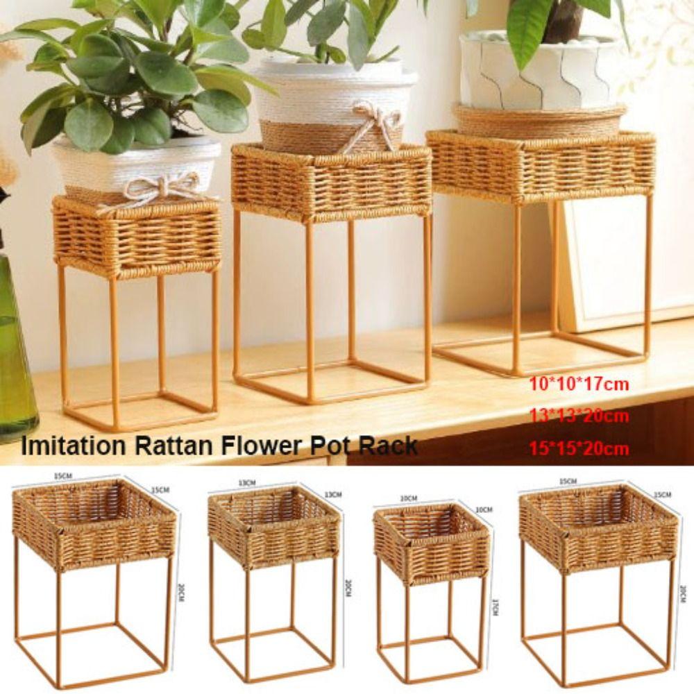 Mini Imitasjon Rattan Blomsterpotte Stativ Utstillingsskap Plantepotte Dekorativ