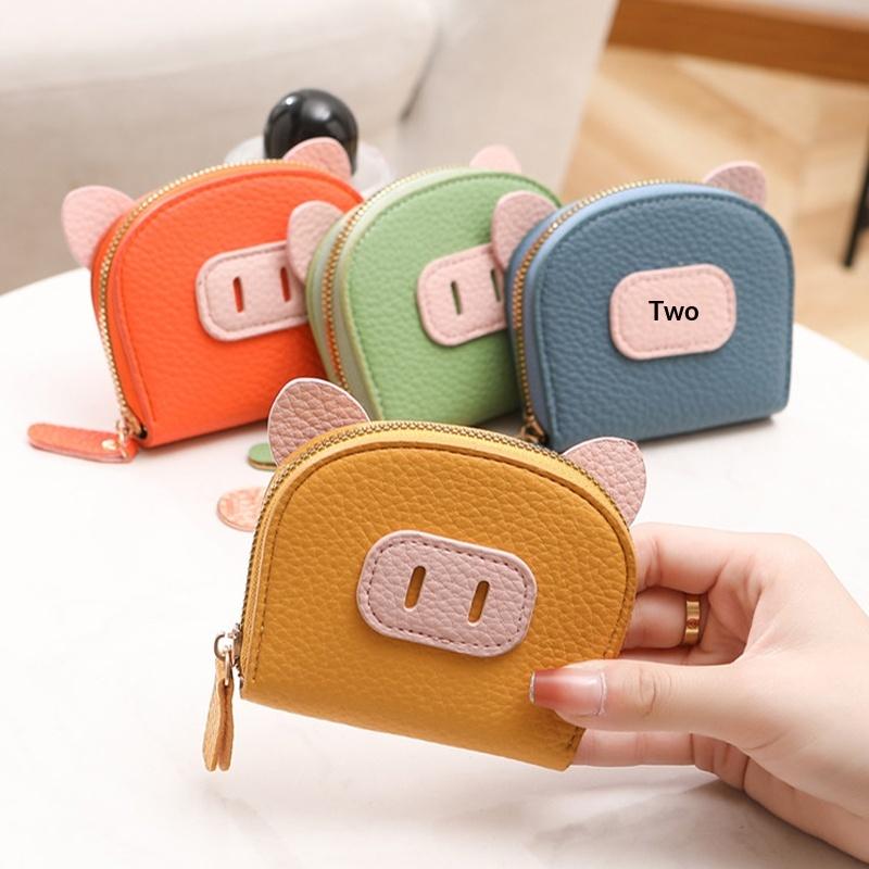 PU Leather Cartoon Pig Multi Card Slot Holder Zipper Coin Purse Soft Touch Clip Wallet for Women Kids Party Use