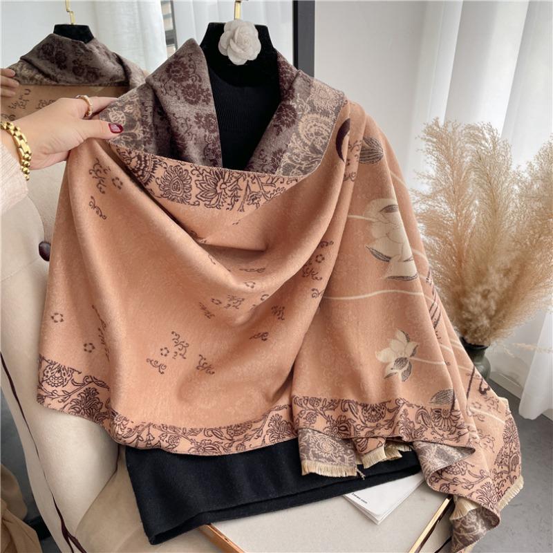 Scarf women's autumn and winter flower porcelain pattern warm thickened double-sided imitation cashmere air conditioner shawl mother scarf