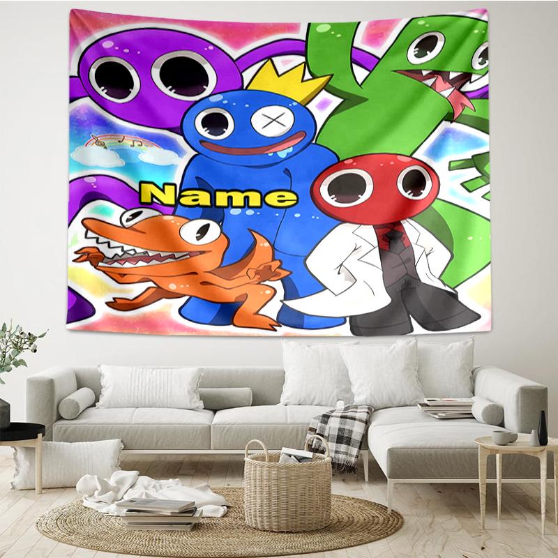 Custom Name Rainbow Friends Print Tapestry, Backdrop, Easy Setup, Ideal for Bedroom, Office & Living Room, with Aesthetic Wall Hanging Decor.