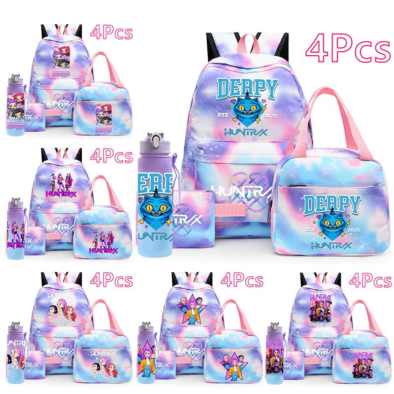 4Pcs/set K-Pop Demon Hunters Printed Backpack Handbag Pencil Case 750Ml Water Bottler for Teenager Boy Girl Large Capacity Waterproof Schoolbag
