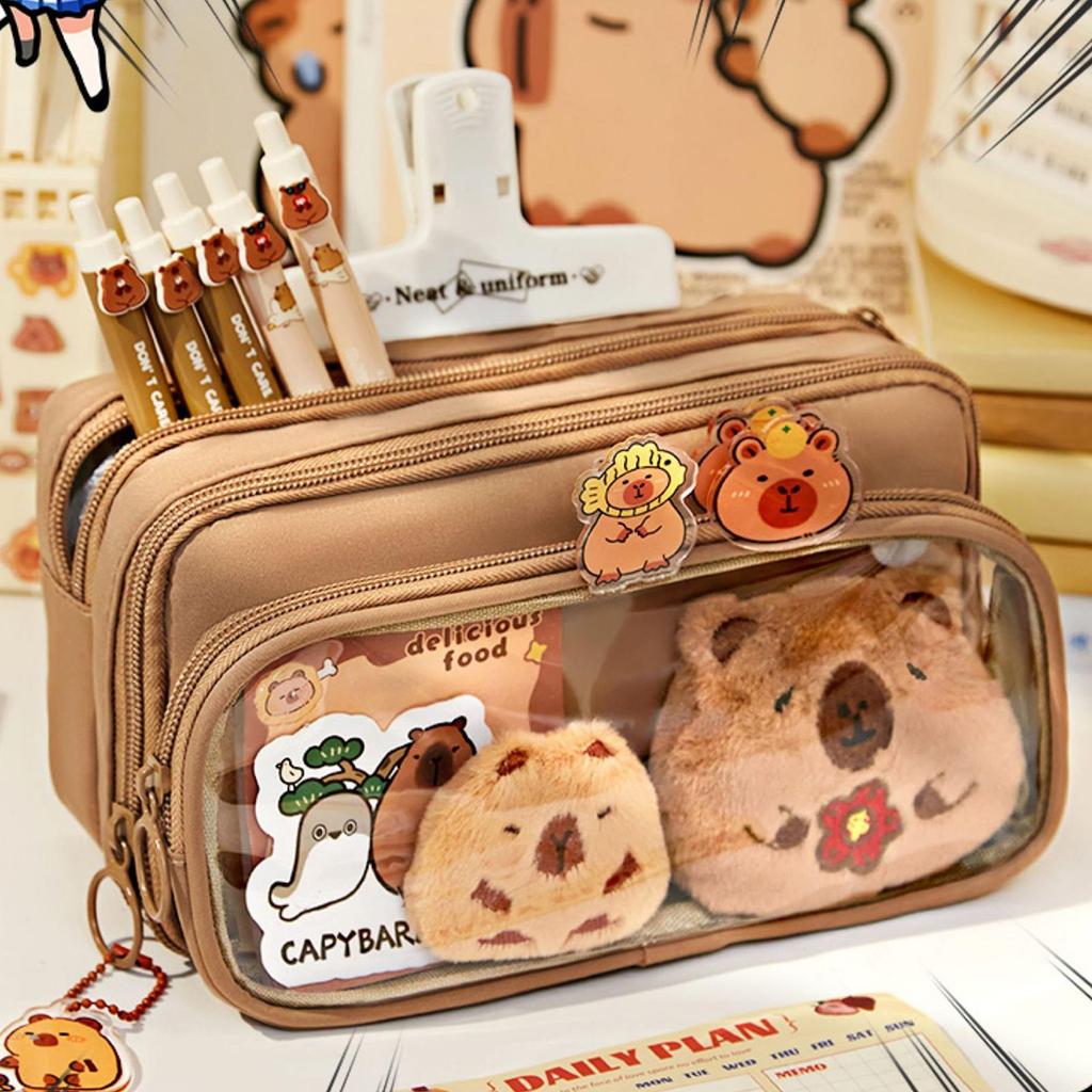 22x13x6cm Capybara Pencil Pouch 10 Compartment Transparent Pencil Pouch Wide Opening Mouth Pencil Pouch With Cute Pins Plush