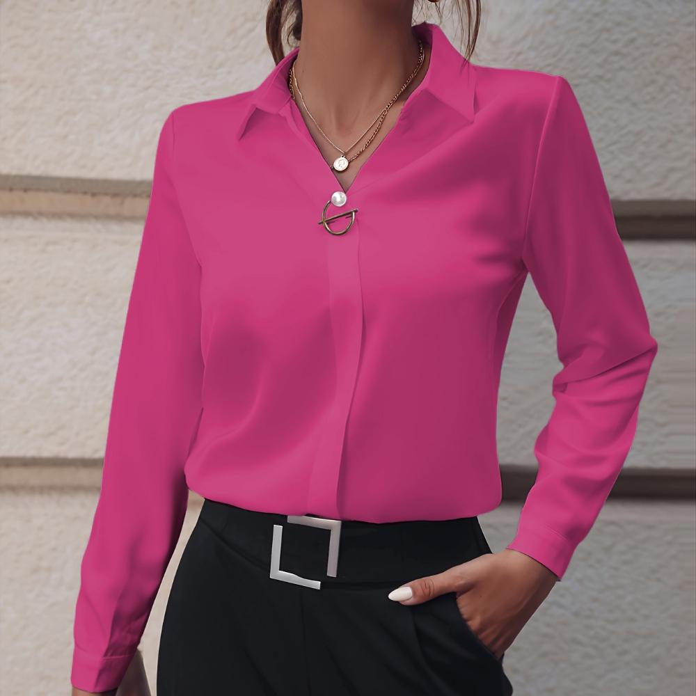 Women's Slim Fit Solid Color Long Sleeve Blouse Elegant Commuter Shirt Office Wear Top