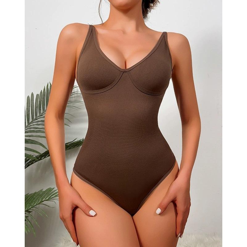 Sexy Deep V Neck Tight Waist Shaping Seamless Thong Bodysuit For Women