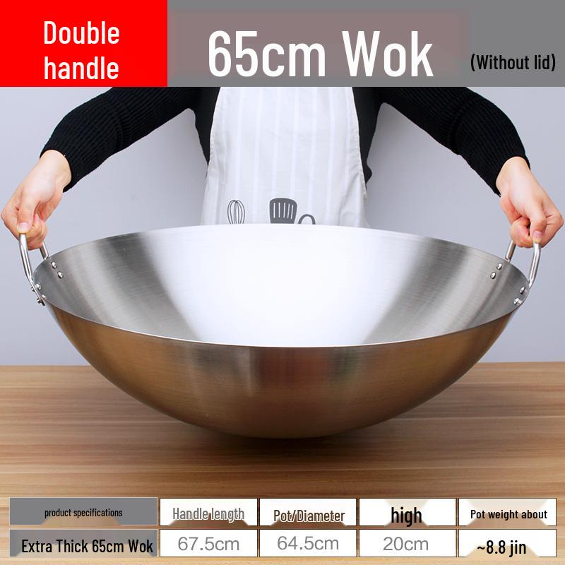 Extra Thick Non-Magnetic Stainless Steel Wok, 34-100cm Round Bottom with Double Ears for Commercial Use