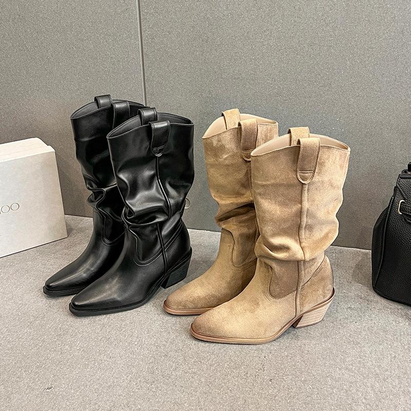 Cow velvet~ Pile boots women's leather boots medium tube Chelsea short boots inner height increase thin boots pointed western cowboy boots