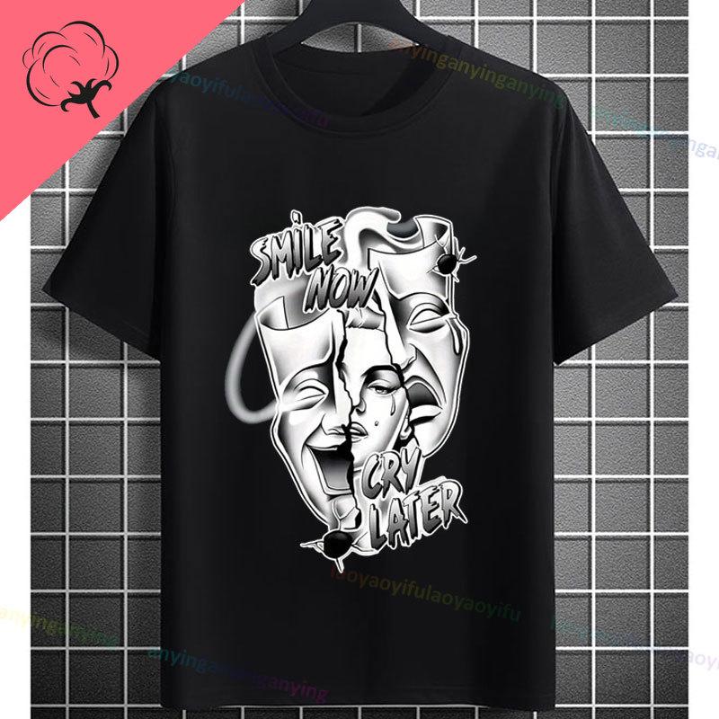 Unisexs Funny Comedy Tragedy Masks White Roses Art Graphic Tshirt Shortsleeve Pure Cotton Fashion Streetwear Casual Tshirt