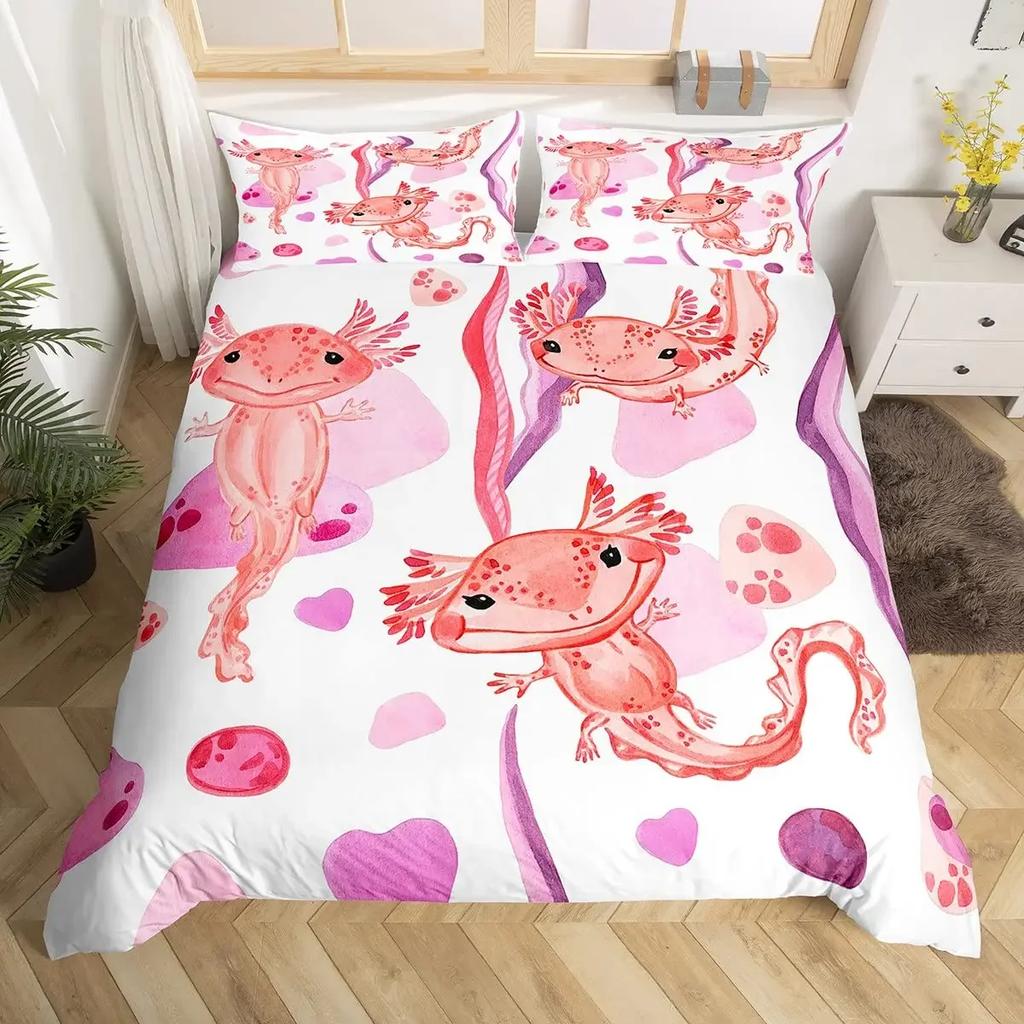 Comforter Cartoon Pink Axolotl Floral King Queen Kawaii Salamander Bedding Set 3D Animal Polyester Comforter