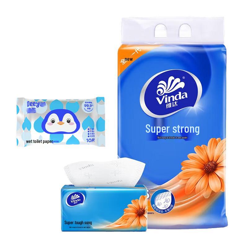 Vinda 3-Ply Facial Tissues (3 Packs) & Wet Wipes (1 Pack) Bundle