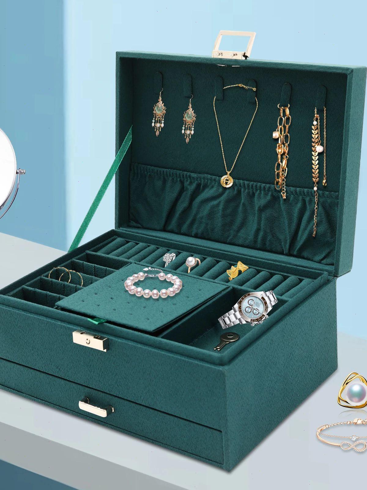 

Jewellery Box 3 Tier Jewellery Box with Drawers and Watch Storage Compartment Girls Gift Jewellery Storage Travel for Women зелений
