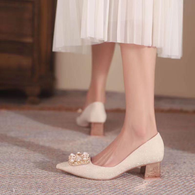 Size 34-42, large size women's shoes single shoes women's new pointed champagne single shoes French thick heel square diamond high heels 41