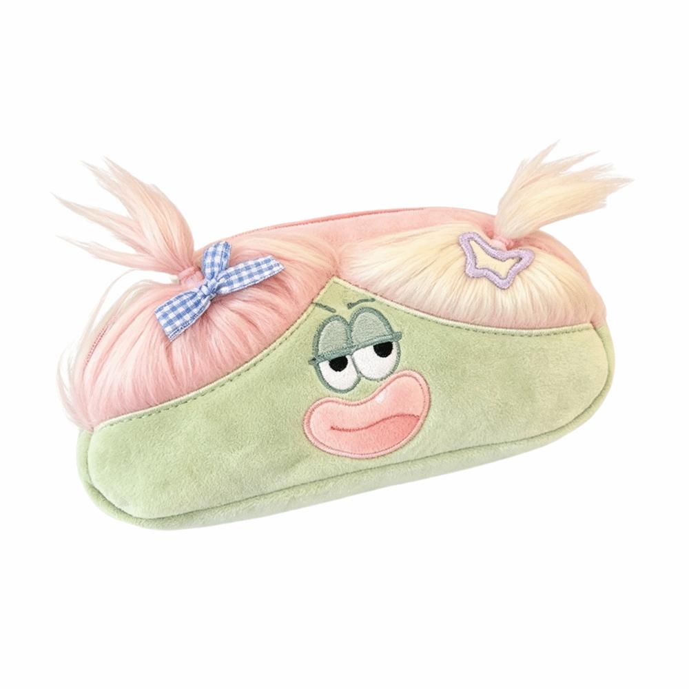 with Ponytail Hair Pen Bag Cute Ugly Stationery Bag Cartoon Pencil Pouch Gift зелёный