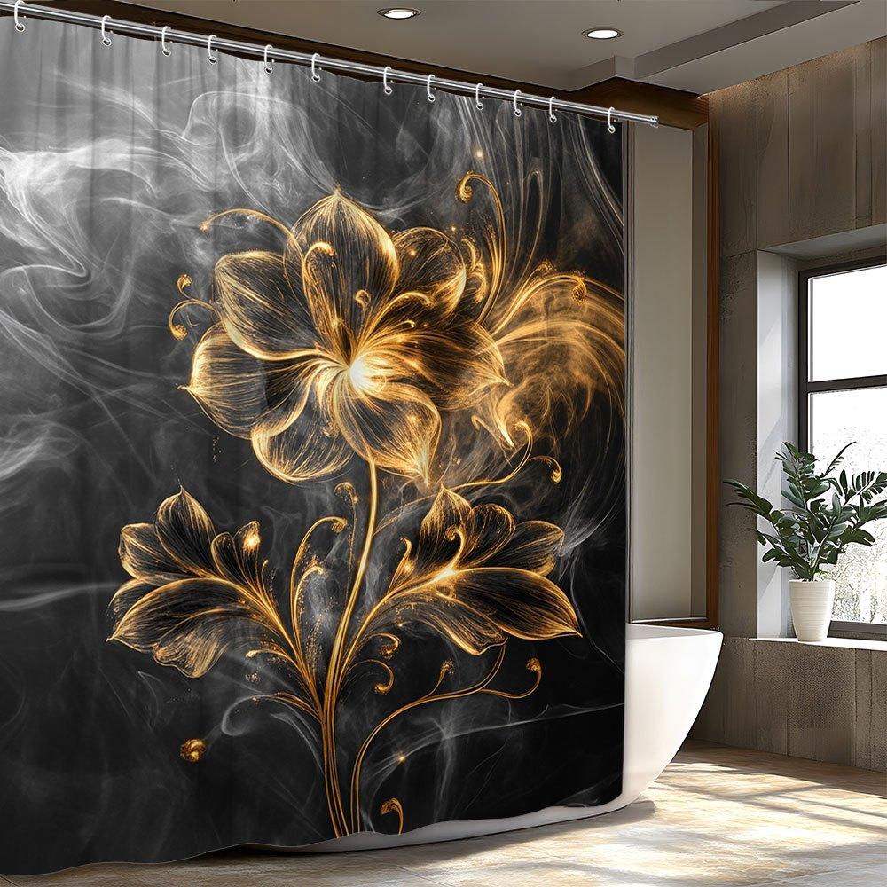 

Exposure Golden Flower And Smoke Spread Shower Curtain, Elegant Abstract Floral Design, 12 Hooks Bathroom Shower Curtain W60H190(CM)-1 Pcs