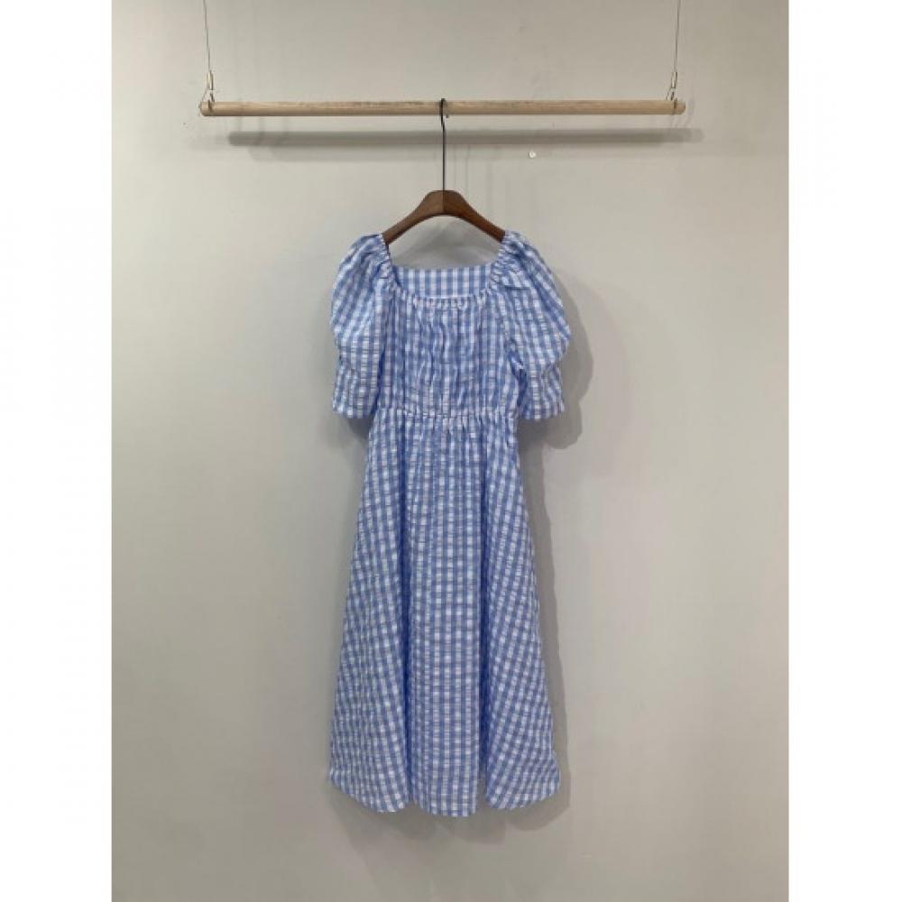 C S In The Room Free Poki CheCk Square neCk Puff Sleeve Long dreSS 2Color