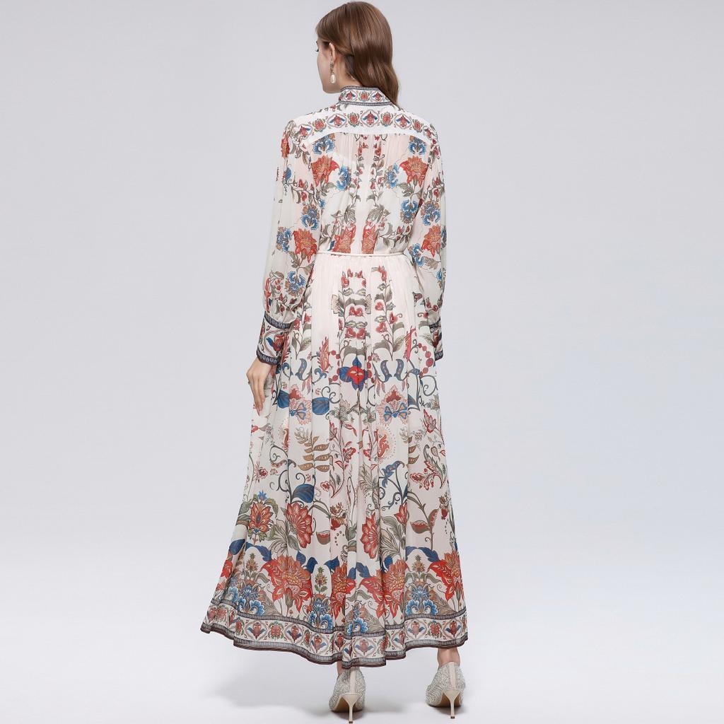 Robe de plage florale magnifique pour les vacances Printemps Été 2026 pour femmes Manches lanterne à col montant Boutonnage simple Ceintures Robe ample en mousseline