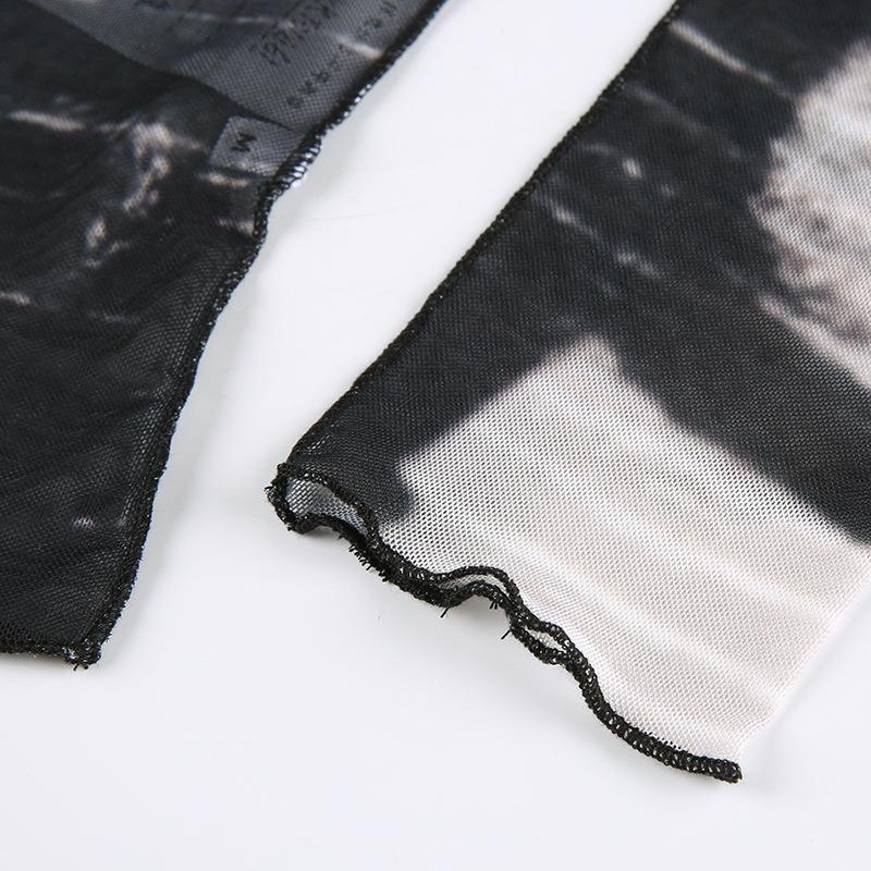 Módní abstraktní tištěné tenké síťované topy s dlouhým rukávem a výstřihem Spodní díl pro ženy Krátký krajkový top