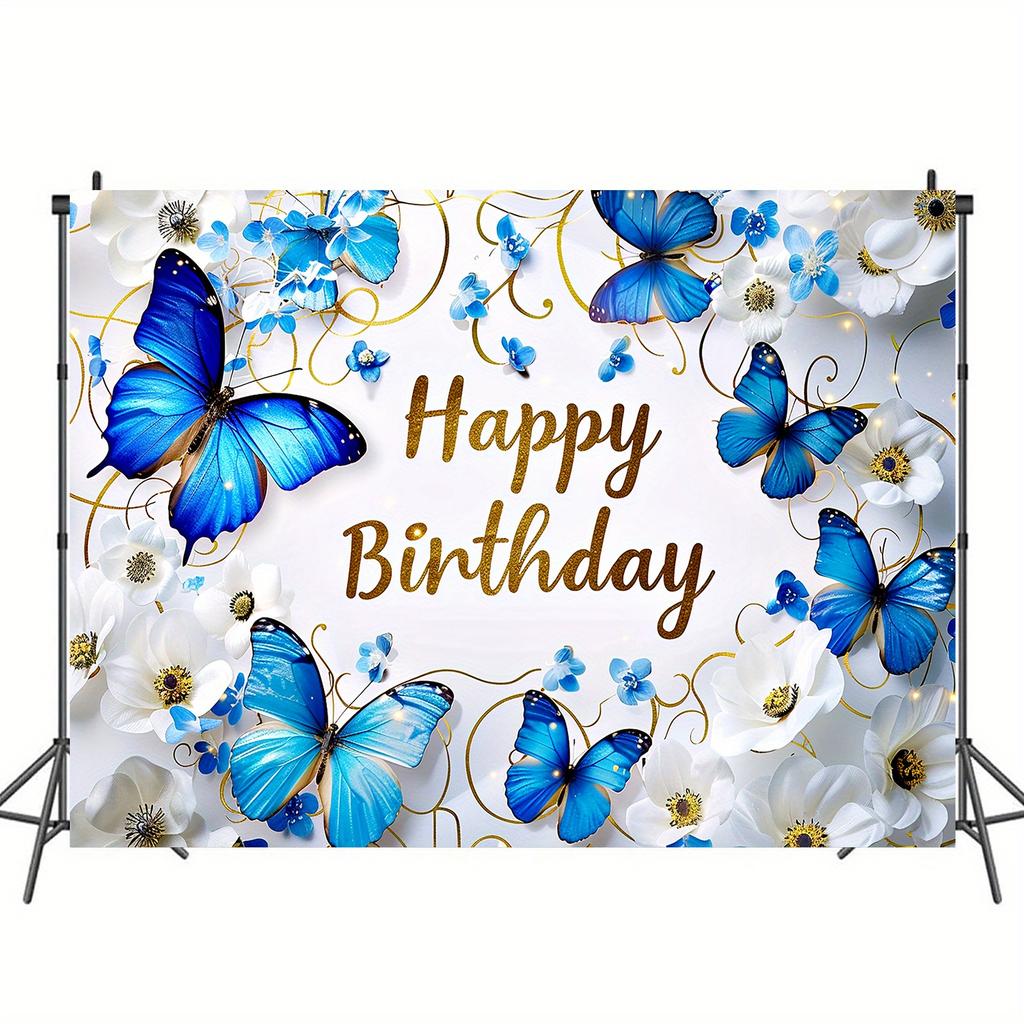 1 Blue Butterfly Background, Happy Birthday, Floral Decoration, Shooting Star, Butterfly Blessing, Theme Party Decoration