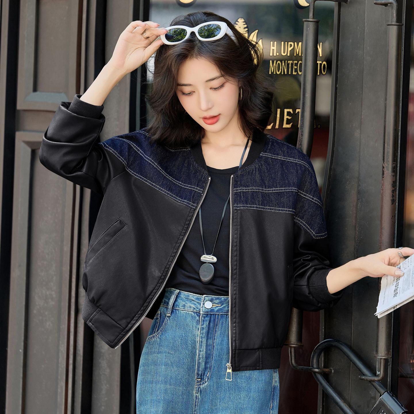 

Autumn 2025 Women s Denim Patchwork Baseball Collar Leather Jacket XL чёрный