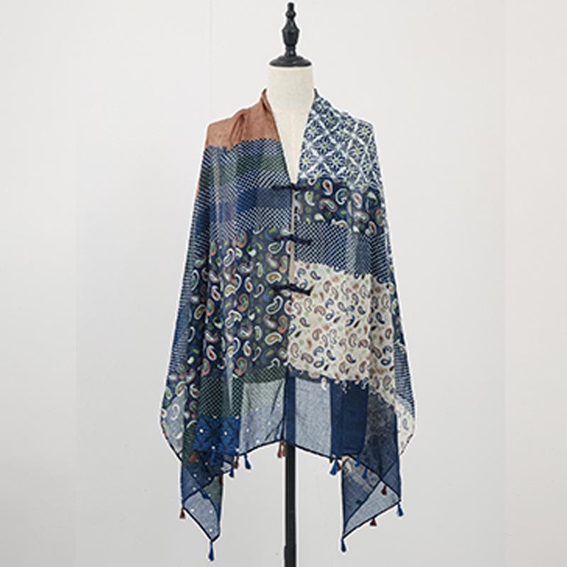 "Summer Ethnic Style Cotton-Linen Shawl: Handmade Retro Button Sunscreen Beach Cover-Up"
