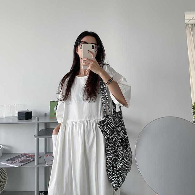 Loose Round Neck Large Pocket Midi Dress Summer Plus Size Women's Casual Short Sleeve Dresses