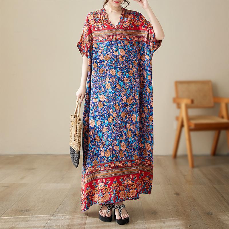 Sommer V-Ausschnitt Dünn Übergröße Locker Literarischer Urlaubsstil Strandkleid Vintage Lange Kleider