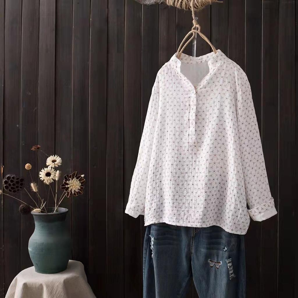 Cotton Yarn Print Blouses for Women Autumn Japan Style Long Sleeve V Neck Vintage Printed Shirts Middle Aged Women Clothing