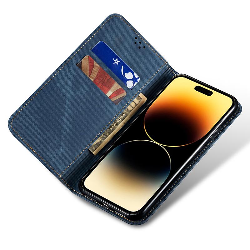 For iPhone 16 Case Jeans Cloth Texture Anti-Scratch Leather Stand Phone Cover