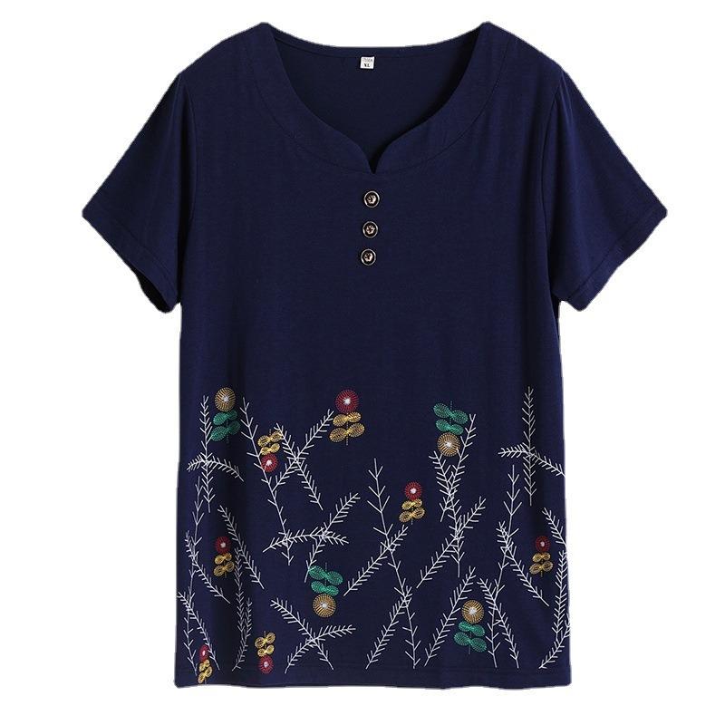 Women Loose V Neck Short Sleeve Printed Cotton T Shirt Middle Aged Mom Casual Top