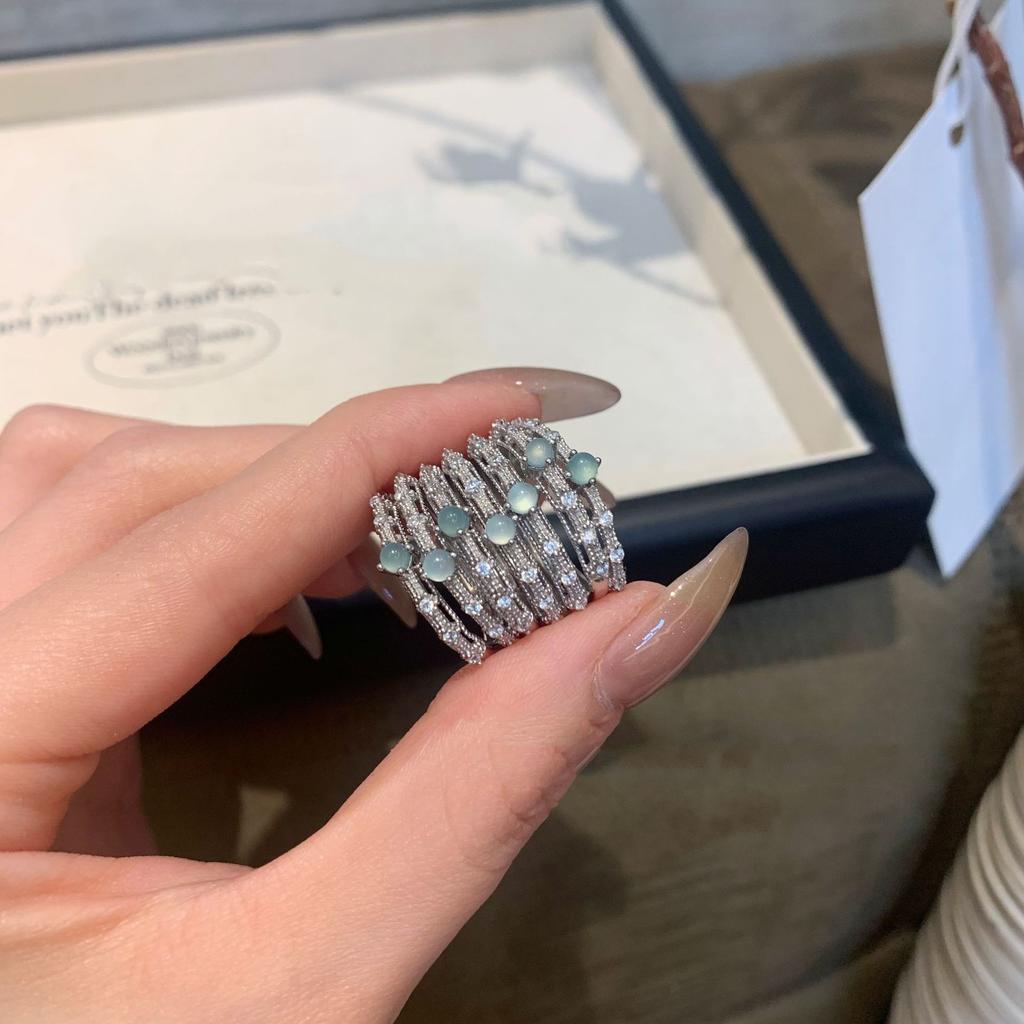 Fresh and Simple Natural Chalcedony Ring Light Luxury Silver Fashion Style Hollow Out Rings for Women Party