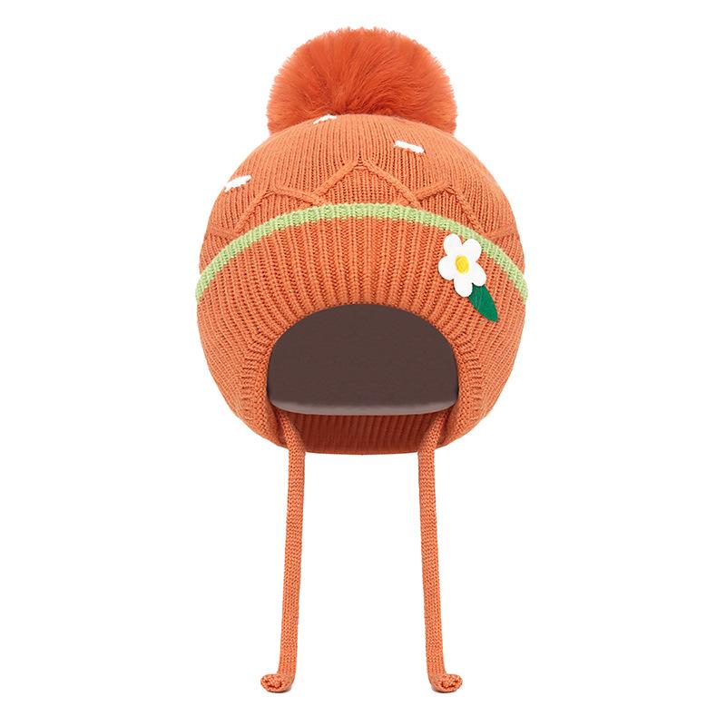 Bonnet en laine résistant au froid pour enfants, automne hiver, fille, épais et chaud, protection des oreilles, fleur, boule de cheveux, bonnet tricoté