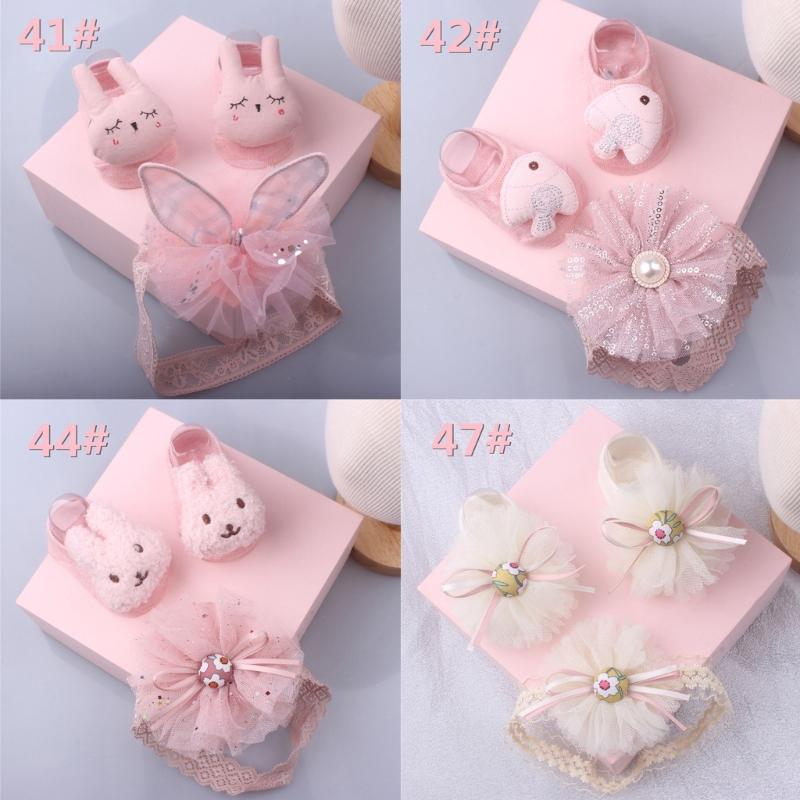 Lace Headband & Socks for Baby Unisex Boy Girl Elastic Headdress Anti-Skid Floor Socks Gender Neutral Heads Accessories