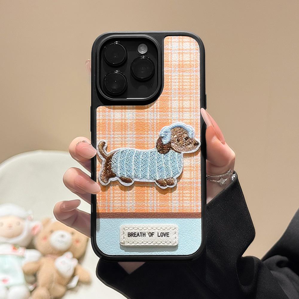Autumn and winter ins dachshund dog leather pattern mobile phone case for Apple 17Promax protective case iPhone15/16/14