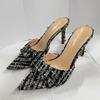 Women‘s Tweed Pointed Toe Mules Sexy Stiletto High Heels Slip On Shoes Black White Party Evening Dress Pumps Elegant