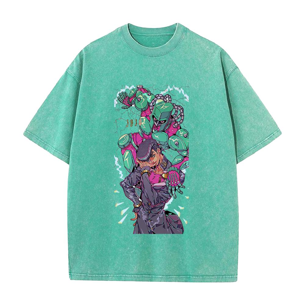 Anime JoJos Bizarre Adventure Higashikata Jousuke Graphic T Shirt Men Casual Cotton Tshirt Vintage Washed Tshirt Harajuku Tops