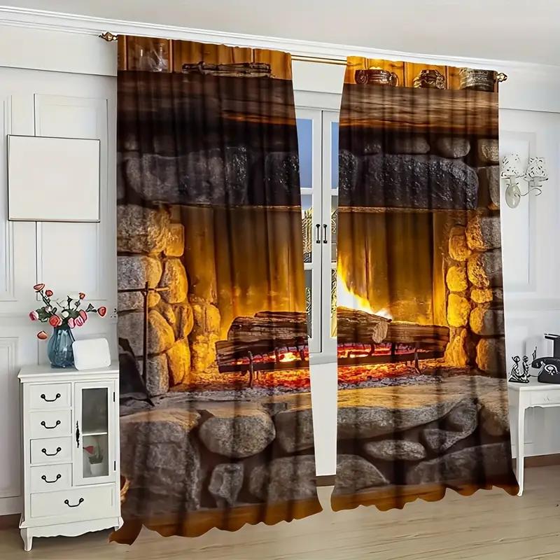 2pcs Cozy Stone Fireplace Printed Curtains, Designed for Light Filtering, Quality Material, Ideal for Winter-Themed Home Window