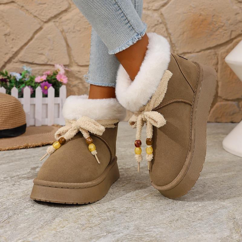 Damen Schneestiefel Runde Zehenpartie Plateausohle Schmetterlingsknoten Schnürung Perlen Baumwollstiefel Freizeit Allround Winterstiefel mit Fellfutter