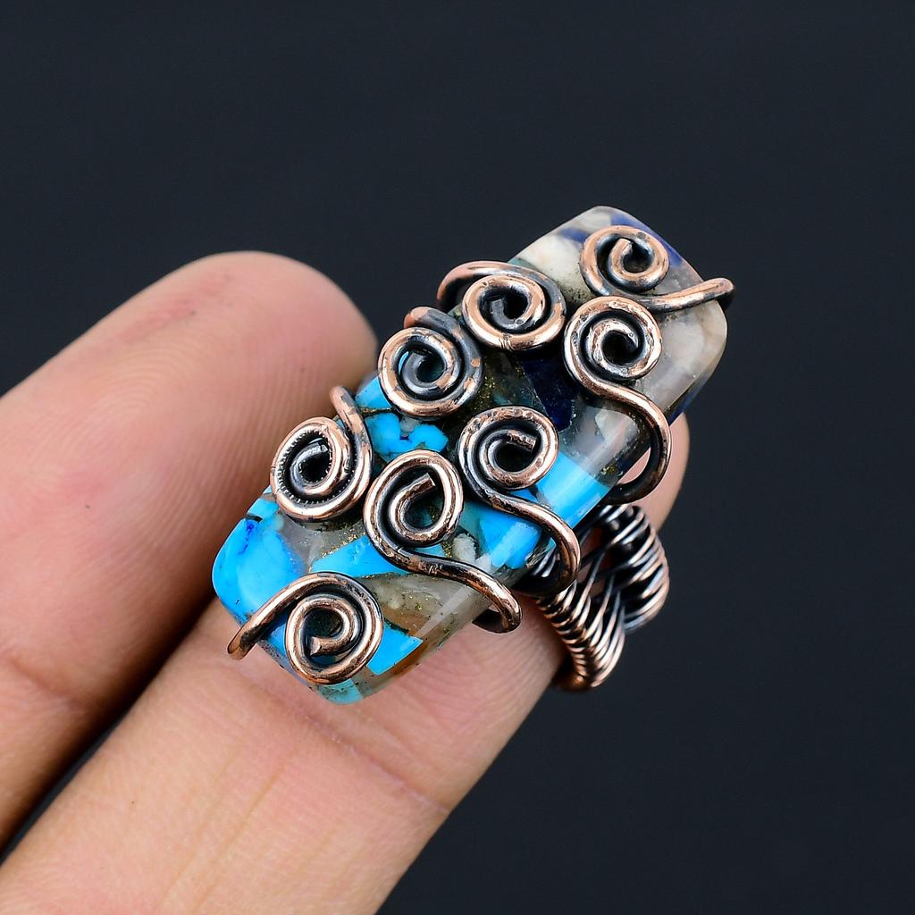 Natural Spiny Oyster Gemstone Handmade Copper Wire Wrap Gift Ring Size 7 e4F72