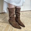 Retro style heightened and thin pleated stacking boots brown Maillard medium boots women's thick heel western cowboy boots short boots