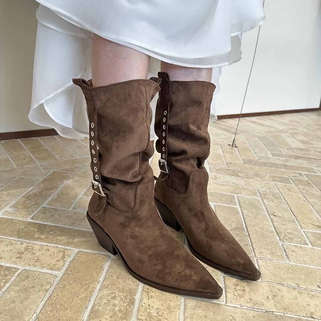 Retro style heightened and thin pleated stacking boots brown Maillard medium boots women's thick heel western cowboy boots short boots